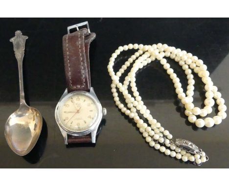 Mixed lot to include a 1950s gent's Avia steel cased automatic wristwatch, faux pearl necklace, cased silver christening spoo