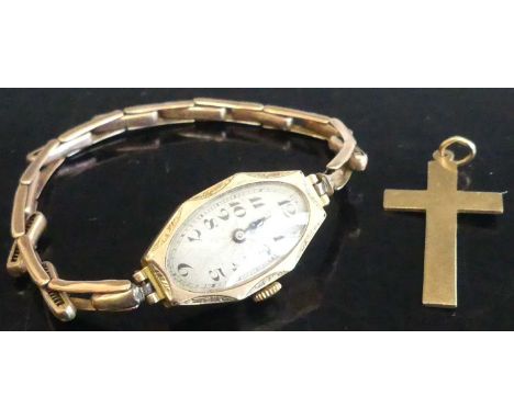 A vintage lady's 9ct gold cased manual wind dress watch, on 9ct gold expanding link bracelet; together with a 9ct gold cross 