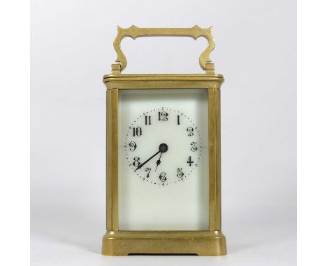 A lacquered brass carriage clock, the enamel dial showing Arabic numerals, having visible platform escapement, height 12cm