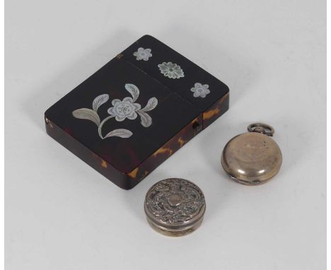 A Victorian mother-of-pearl inlaid tortoiseshell card case, together with a silver pill box and a silver sovereign case, silv
