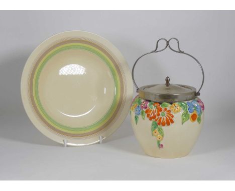 A Clarice Cliff Newport Pottery floral decorated biscuit jar, having silver plated swing handle and lid, h.24cm (including ha