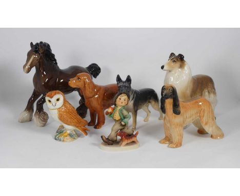 A Beswick pottery figure of a rough collie dog, h.18cm; together with various other figures to include Beswick and Goebel (7)