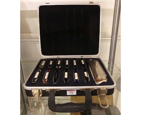 A cased set of Hohner and other harmonicas 