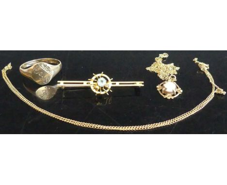 A modern 9ct gold blue topaz set bar brooch; together with a 9ct gold gent's signet ring, size Z+; and a 9ct gold pendant wit