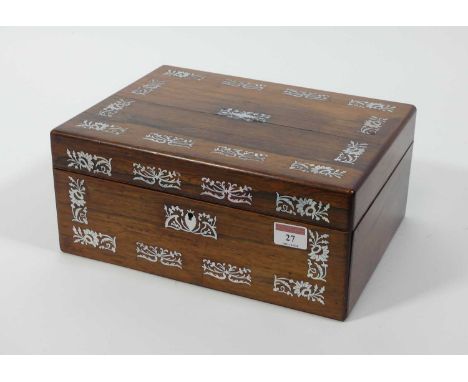 A mid-19th century rosewood and mother of pearl inlaid work box, having a fitted interior, w.30cm 