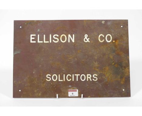 A vintage enamel and metal wall plaque, inscribed Ellison &amp; Co Solicitors, 25.5 x 38cm 