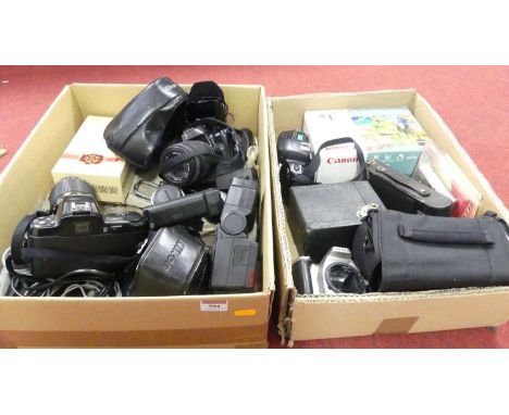 Two boxes of vintage photography equipment, to include a Nikon F50, Nikon F601, lenses etc 