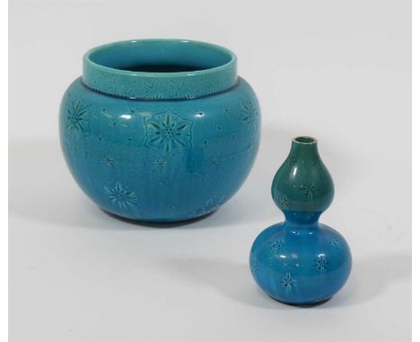 A Burmantofts turquoise glazed double-gourd vase (ground), h.15cm; together with a similar Burmantofts jardiniere, h.17cm (2)