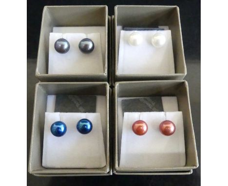 Four boxed pairs of Honora cultured pearl ear studs, to include grey and blue examples 