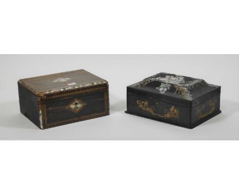 A Victorian papier-mache and mother of pearl inlaid box, w.31cm; together with another mother of pearl inlaid box, w.30cm (2)