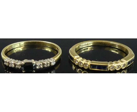 A modern 18ct gold sapphire and diamond point set half-hoop ring, size N; together with another arranged as a centre four-cla