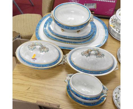 A Victorian turquoise enamel decorated part dinner serviceCircular tureen - missing lid, heavily restored.Medium oval tureens