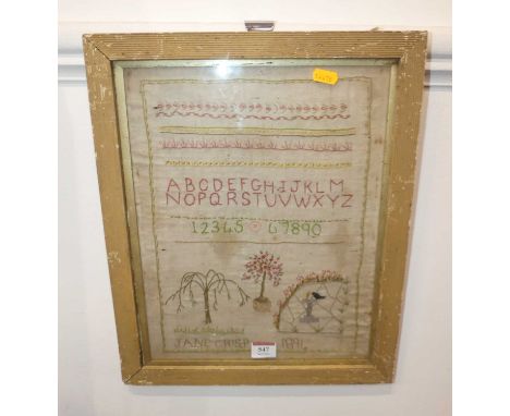 A late 19th century needlework sampler, signed Jane Crisp and dated 1894, 35 x 27cm, housed in a painted frame 