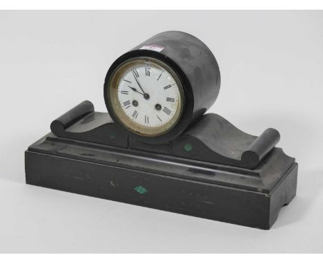 A Victorian black slate and serpentine mantel clock, the enamelled dial showing Roman numerals, having eight-day movement, h.