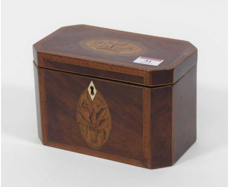 An early 19th century mahogany and satinwood crossbanded tea caddy, having canted corners, the lid inlaid with Prince of Wale