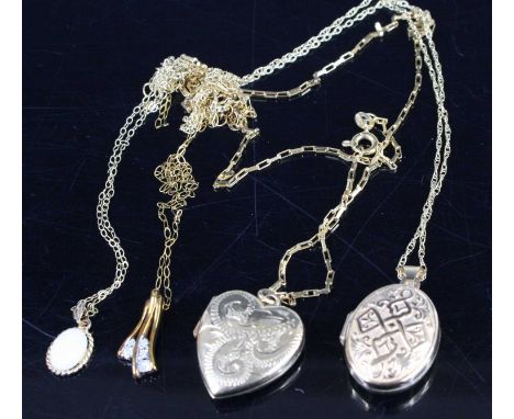 A modern 9ct gold heart shaped picture locket, on finelink neck chain; together with a plain oval example; a 9ct gold diamond