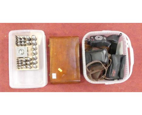 A Dapping block and punch set; together with vintage cameras and accessories 