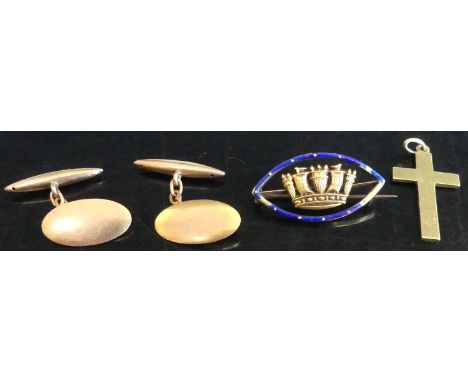 A 15ct gold and blue enamel elliptical crown brooch; together with a 15ct gold cross pendant, gross weight 5.8g; and a pair o
