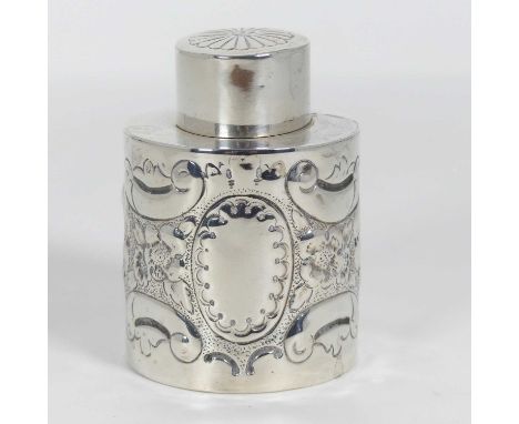 A late Victorian silver tea caddy, repousse decorated with flowers and scrolls, Birmingham 1901, 2ozt 