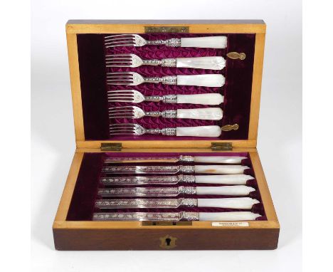 A cased set of Victorian silver plated and mother-of-pearl handled knives and forks, housed in a case