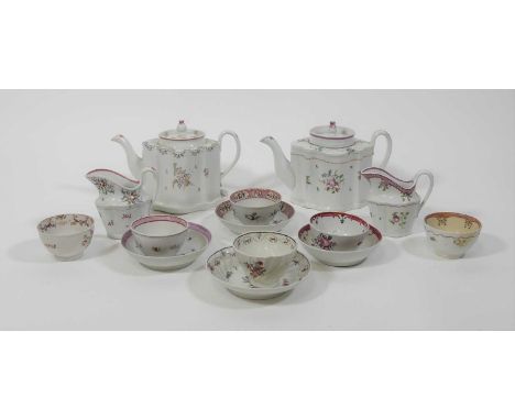 A collection of New Hall porcelain teawares, circa 1800, to include two teapots, two milk jugs, various tea bowls and saucers