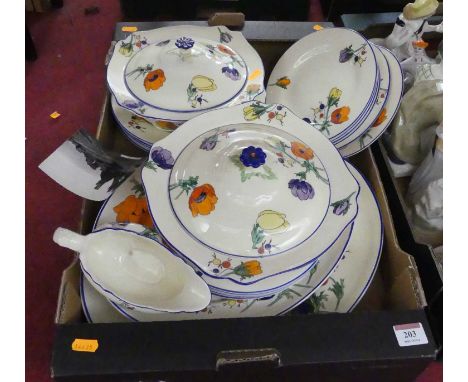 A Leda pottery Japonica Wilkinson honey glaze part dinner serviceCrazing throughout, some pieces heavily. Some plates chipped