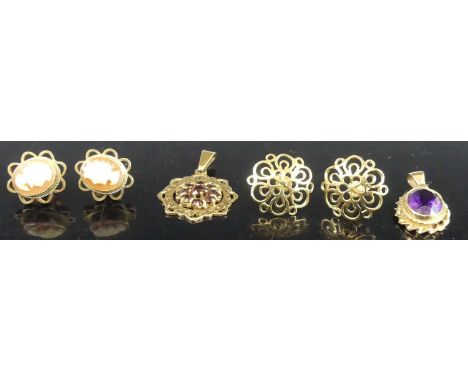 A pair of modern 9ct gold flower head ear studs; together with a pair of 9ct gold carved shell cameo set ear studs; 9ct gold 