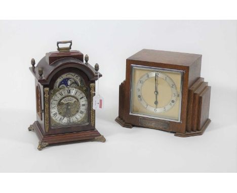 An Art Deco oak cased mantel clock, having an eight-day movement and Westminster chimes, h.21cm; together with an 18th centur