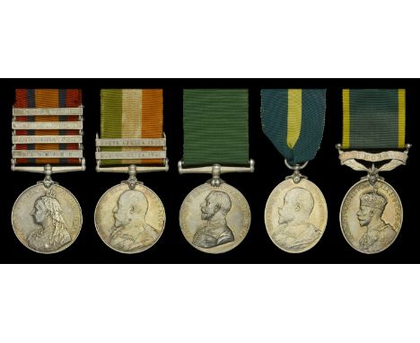 The remarkable Boer War and triple long service medal group of five awarded to Sergeant J. F. Rowley, Bombay, Baroda and Cent