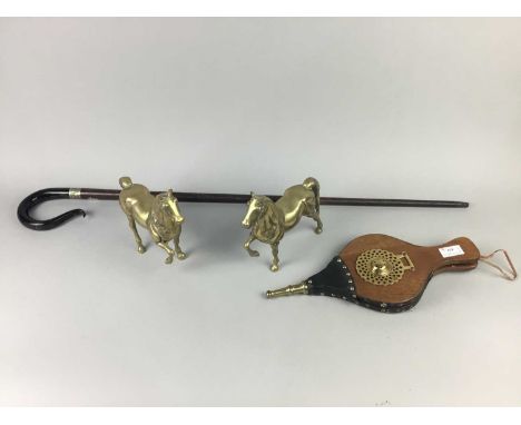 PAIR OF BRASS HORSE FIGURES,along with a pair of bellows and a walking stick (4)