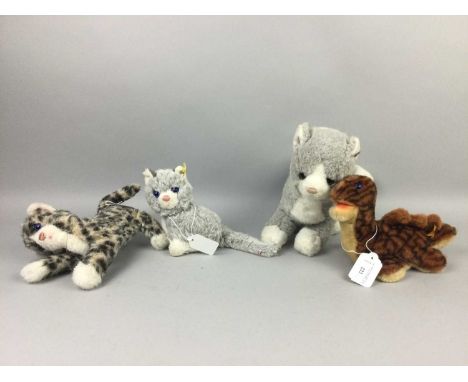 STEIFF STEGOSAURUS,with button and fabric tag, along with a leopard and three Steiff cats (cats missing fabric tags) (5)