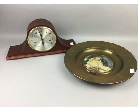 31 DAY CHIMING WALL CLOCK,along with a mantel clock and two brass dishes inset prints (4)
