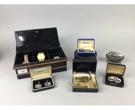 RONSON SILVER PLATED TABLE LIGHTER,along with a group of dress watches and cufflinks in a vintage tin