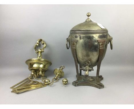 PLATED METAL SAMOVAR,43cm high, along with a brass coal bin, light fitting and a clamp desk light