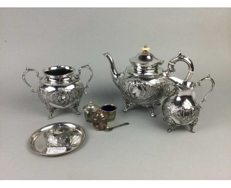 VICTORIAN SILVER PLATED THREE PIECE TEA SERVICE,comprising a teapot, sugar and cream, along with a condiment set on tray