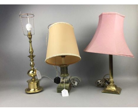 BRASS COLUMN TABLE LAMP,with pink shade, along with another brass table lamp and an onyx table lamp (3)