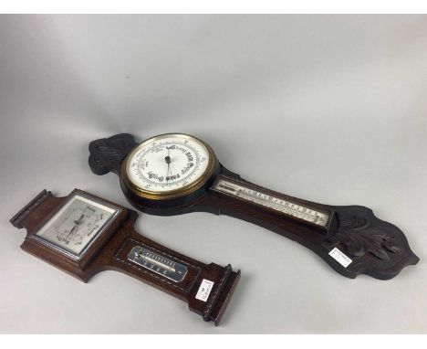 OAK WHEEL BAROMETER,along with another (2)