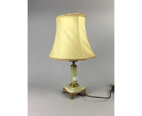 ONYX TABLE LAMP,with shade, along with a ceramic burner modelled as a house (2)
