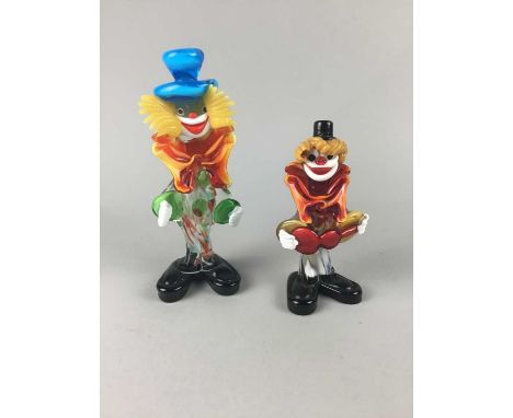 TWO MURANO GLASS CLOWN FIGURES,the larger measuring 23cm high, along with other art glass, comprising a vase and three bowls,