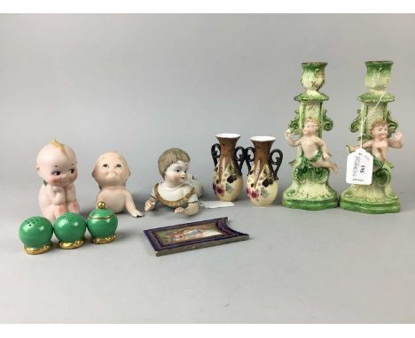 PAIR OF CONTINENTAL BISQUE CANDLESTICKS,with cherubs along with bisque dolls, a pair of miniature Japanese style vases, a Con