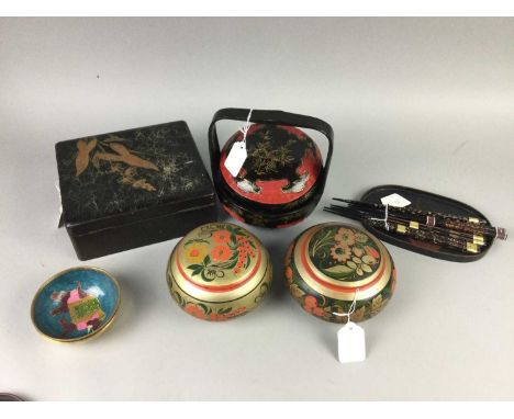 TWO JAPANESE LACQUER BOXES,along with other items including a Burmese brass vase, two lacquer trinket trays, two treen lidded