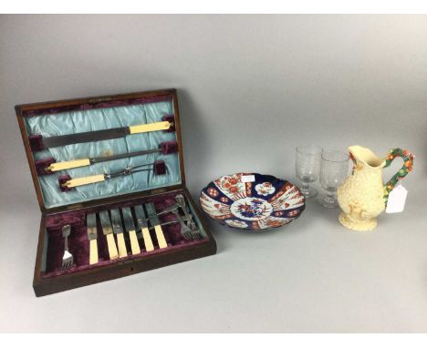 CLARICE CLIFF HARVEST PATTERN JUG,along with a Japanese imari plate, two Victorian rummers and a boxed set of fish cutlery