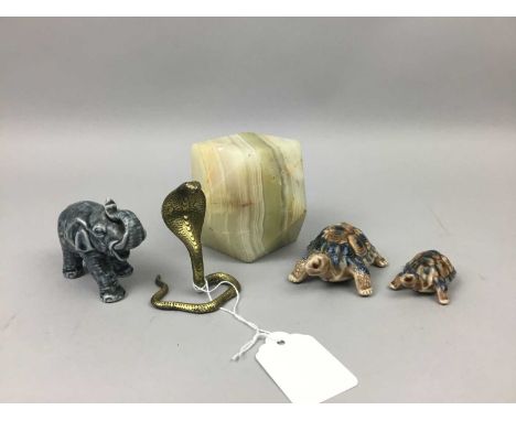 THREE GRADUATED WADE TORTOISE FIGURES,including a trinket dish example with removable shell, along with two ceramic elephant 