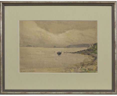 R LEWIS SUTHERLAND (SCOTTISH 1890 -1932),BOAT BY THE PIER and another watercolour on paper, one signedimage size 22cm x 33cm,
