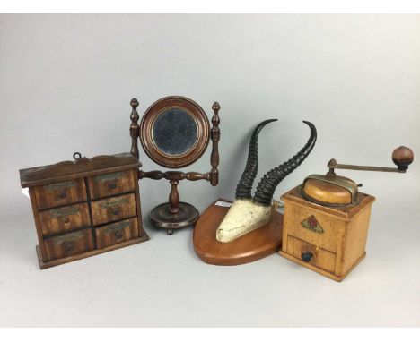 SET OF ANTLERS, on a shield shape mount, along with a wooden spice chest, dressing mirror and a Dienes coffee grinder (4)