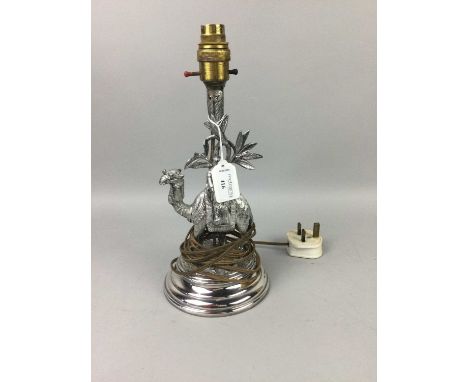 VICTORIAN SILVER PLATED FIGURAL TABLE LAMP,modelled as a camel and rider, 30cm high to sconce