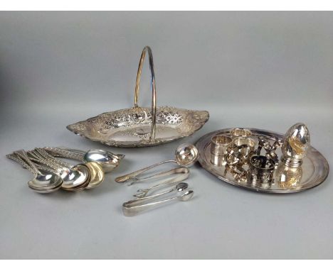SILVER PLATED COMPORT,33cm wide, with pierced decoration and swing handle, along with other silver plate including napkin rin
