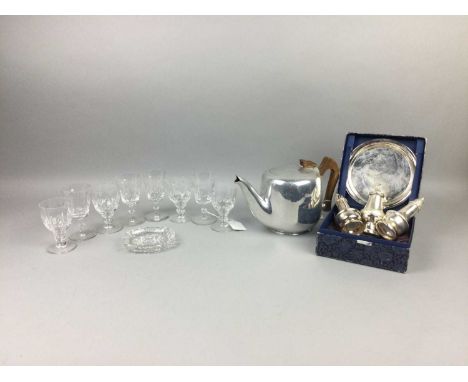 TWO SETS OF PORT GLASSES,along with a piqout teapot, two Limoges plates, two further plates, a cut glass dish and a cut glass