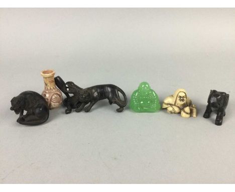 THREE JAPANESE NETSUKE,comprising two tigers and a frog, along with a small Buddha, a miniature vase and other items