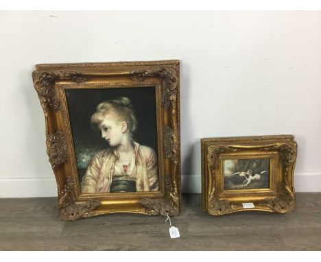 GROUP OF THREE PRINTS, of classical subjects including a female portrait, and a group of dogs, in gilt frames, the larger 64c